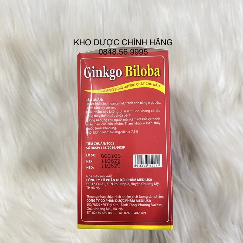 Bổ não Ginkgo biloba hộp 100viên - Tăng cường tuần hoàn máu não, lưu thông huyết mạch, giảm đau đầu, mất ngủ, hoa mắt
