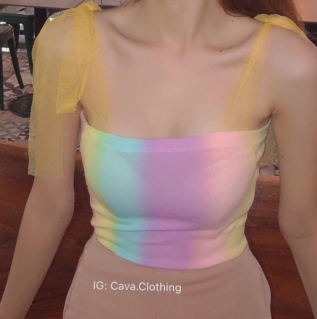 Áo Croptop Ruybang Thắt Nơ Cầu Vồng/Ruybang Rainbow Kèm Ảnh+Video Thật
