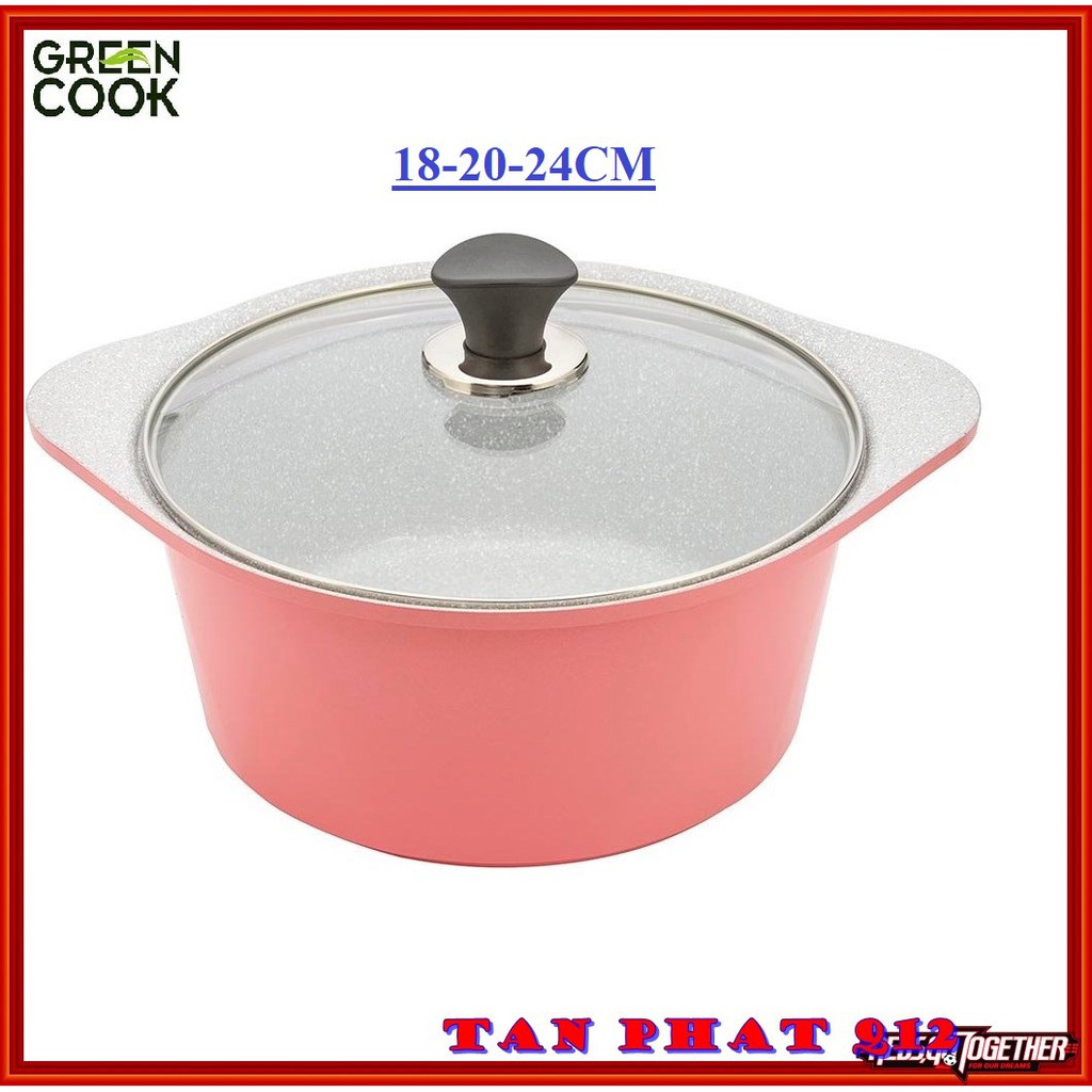 NỒI ĐÚC VÂN ĐÁ ĐÁY TỪ, có chống dính GREEN COOK 16/20/24CM (MÀU HỒNG)