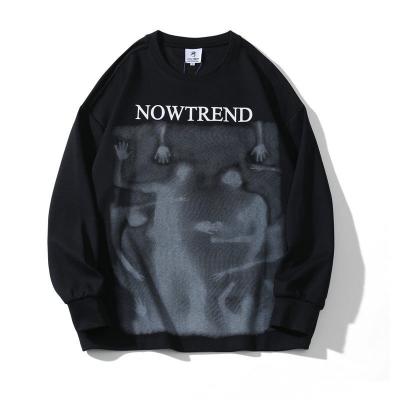 Áo Sweater tay dài dáng rộng in họa tiết SyarikatulzzangJenama màu đen phong cách Harajuku dành cho nam và nữ