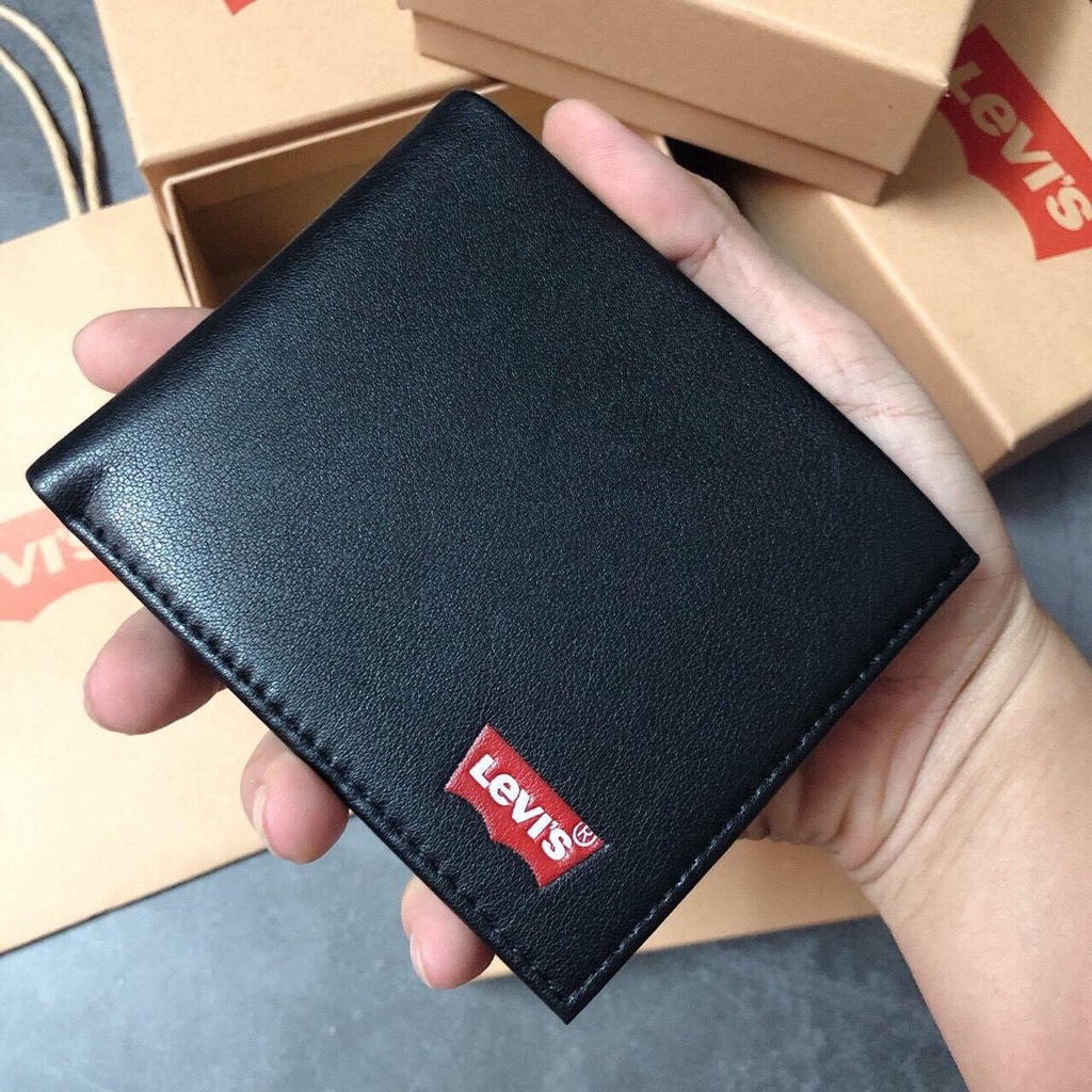 Ví nam đen trơn logo góc da đẹp có ngăn ảnh full box và túi giấy hãng