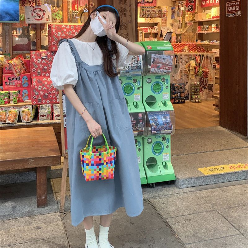 ✨váy babydoll đầm công chúa Bộ Áo Hai Dây Dáng Rộng + Chân Váy Yếm Lửng Dễ Thương Thời Trang Mùa Hè Cho Học Sinh