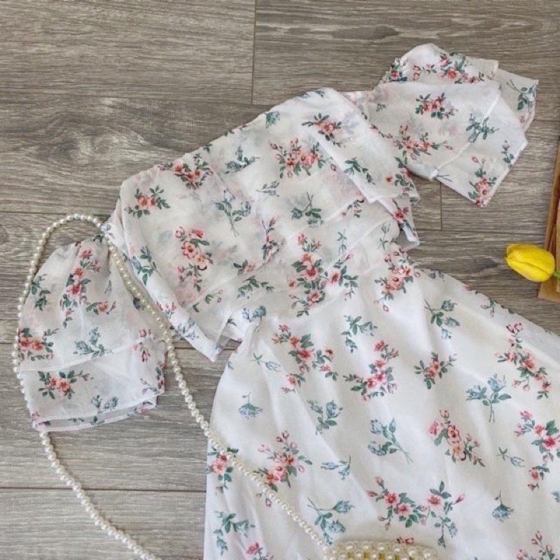 (Về sẵn màu kem)Đầm hoa trễ vai tay bèo mút ngực | BigBuy360 - bigbuy360.vn