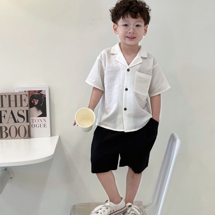 Bộ quần áo bé trai , bộ đồ bé trai áo cổ 2 ve chất Thô muji nhật bản