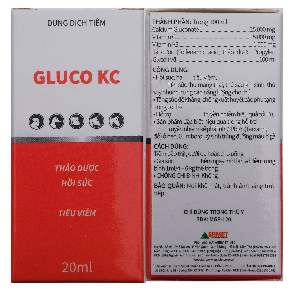 1 lọ Gluco KC 20ml Dùng tốt cho trâu, bò, heo, dê, cừu, ngựa, chó, mèo
