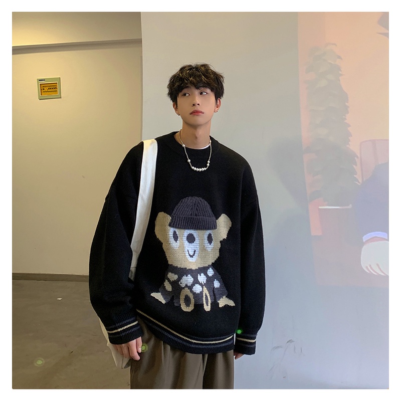 Áo sweater cổ tròn dáng rộng thêu hình gấu hoạt hình dễ thương phong cách Hàn Quốc cho cặp đôi