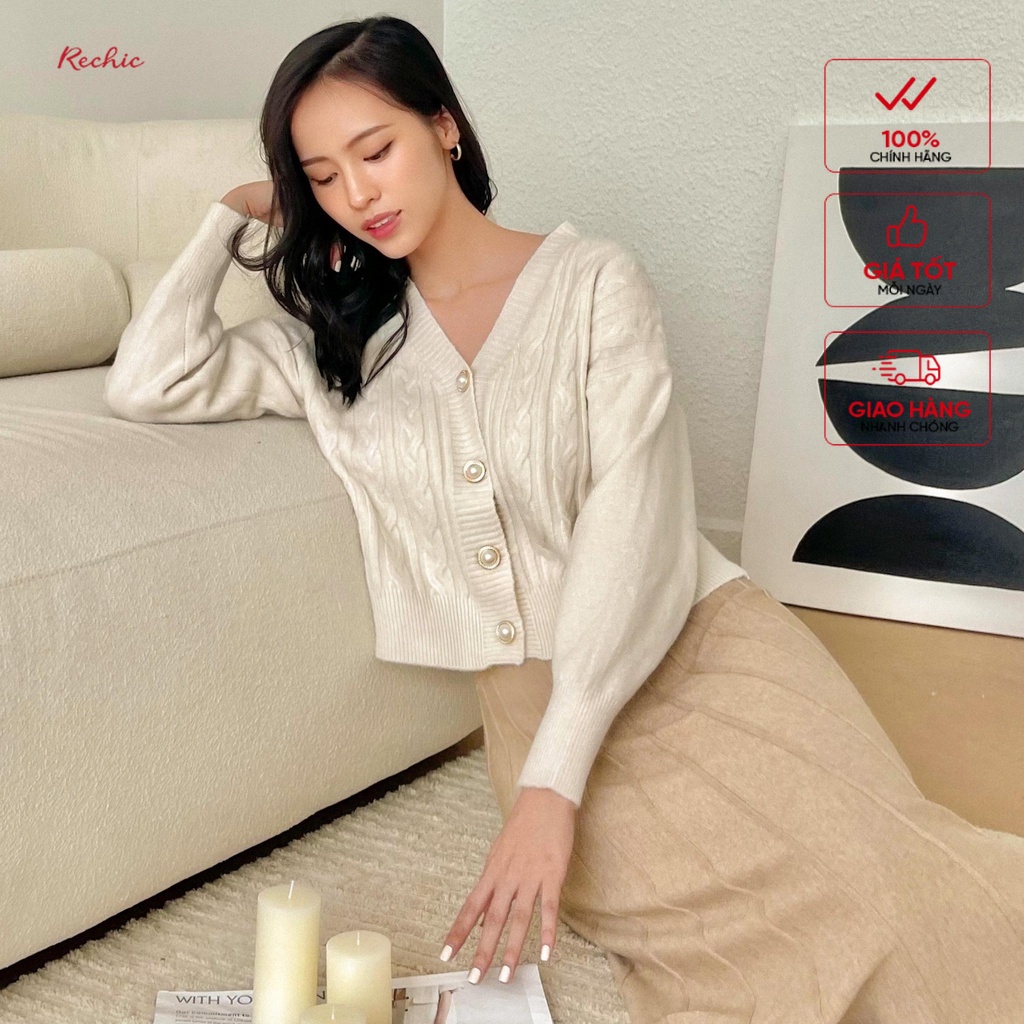 RECHIC Áo Kiểu Kala dáng ngắn tay dài chất len gân kết nút ngọc xinh xắn thời thượng có thể làm khoác ngoài đi làm đi ch
