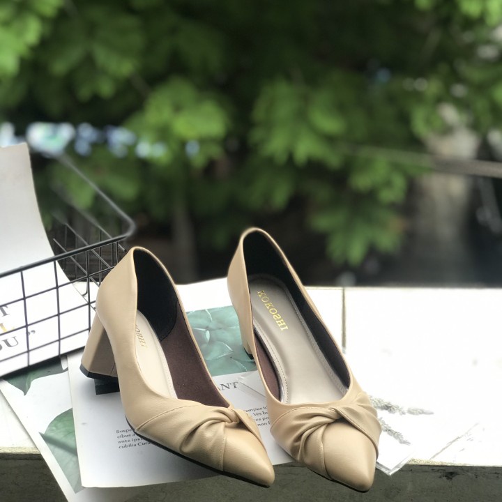 Giày cao Gót nữ 5p Đế vuông mũi nhọn thắt nơ công sở Da mềm cao cấp