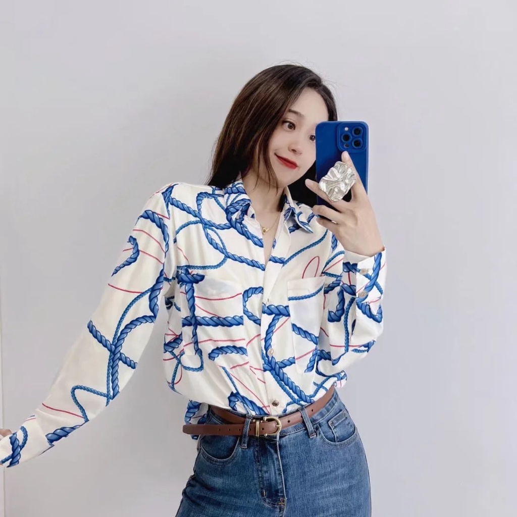 Zara Áo Sơ Mi Tay Dài Cổ Chữ V In Họa Tiết Thời Trang Mùa Xuân 2440122Áo blouse