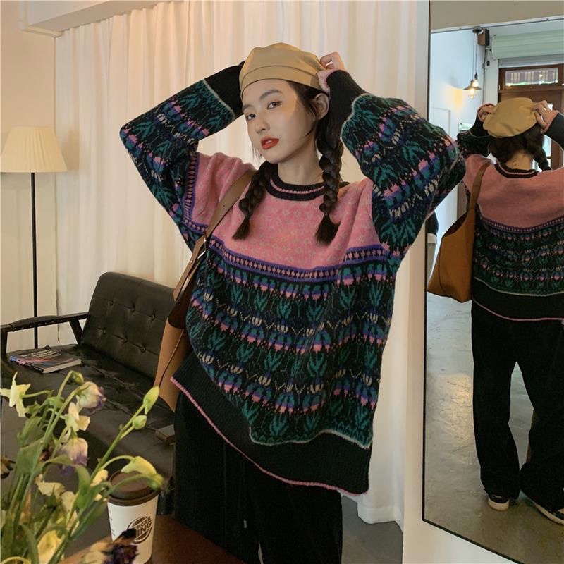 Áo Khoác Len Tay Dài Dáng Rộng Dày Dặn Phong Cách Retro Cho Nữ