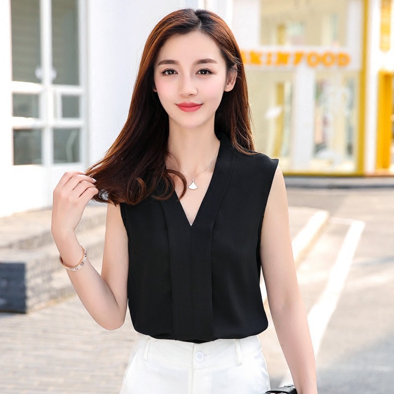 Áo chiffon cộc tay cổ V màu trơn thời trang cho nữ