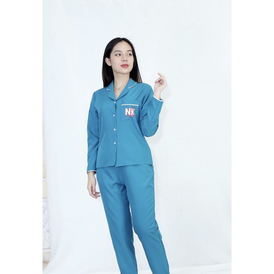 Bộ đồ bộ Pijama màu XANH LÔNG CÔNG NKK tay dài quần dài lụa Pháp - Thoải Mái Nhẹ Nhàng