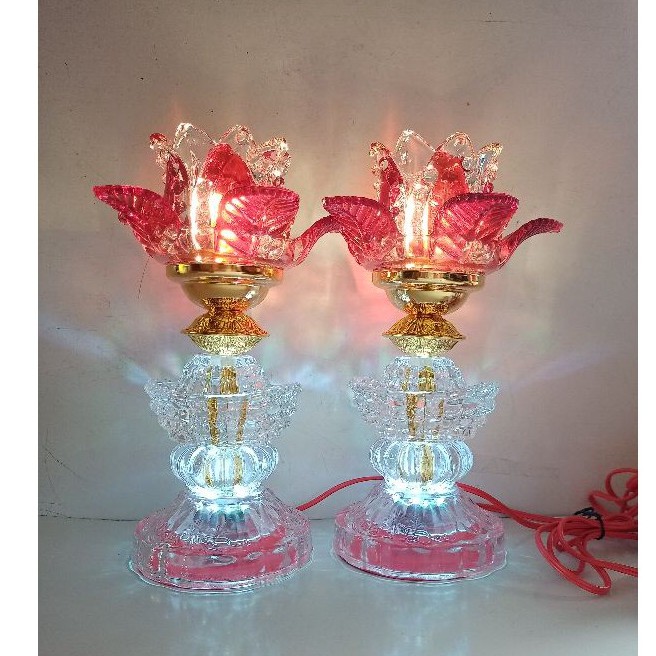 Đèn trang trí, đôi đèn led bàn thờ sen thủy tinh đổi màu ba chức năng cao 25cm - 32cm