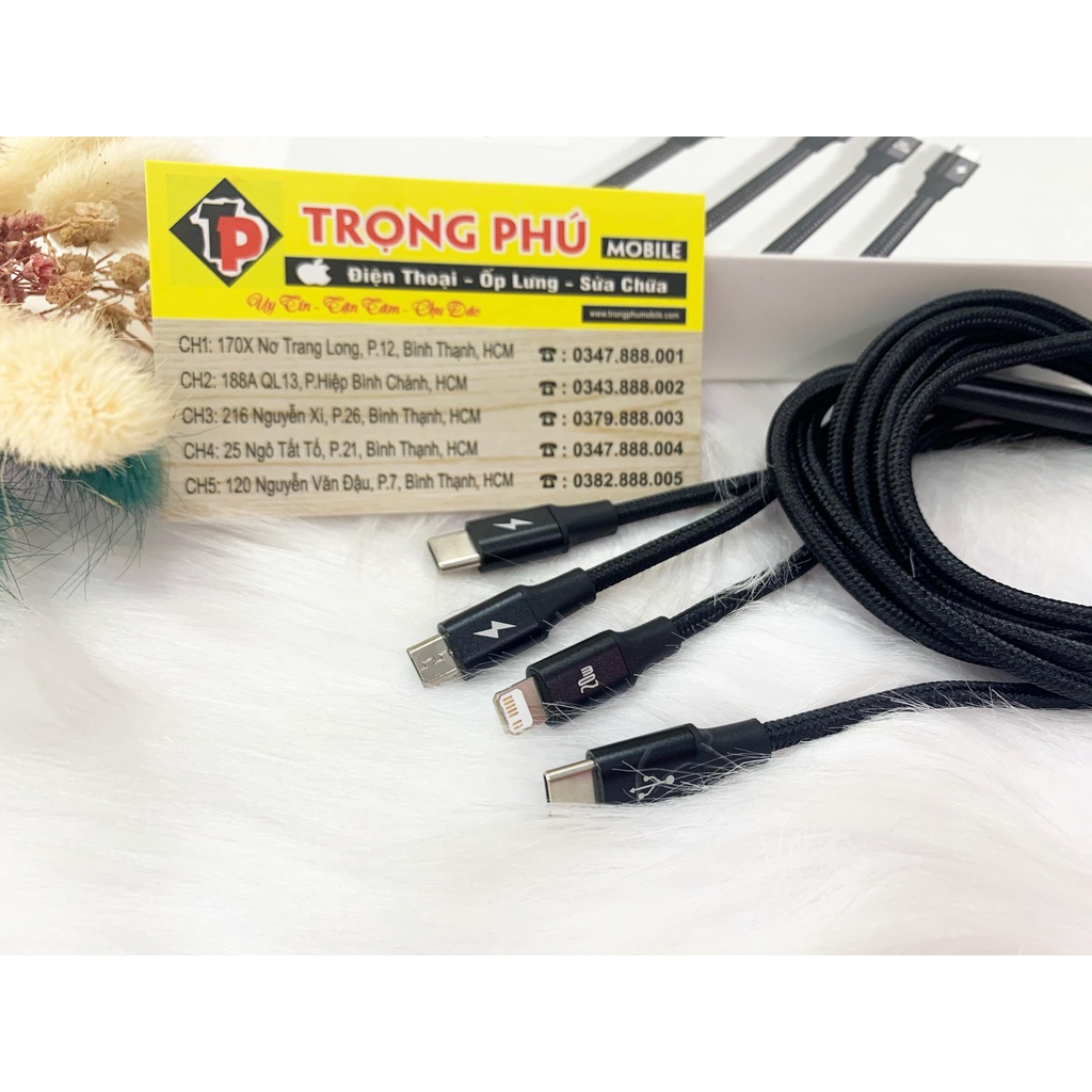 Cáp sạc 3 đầu 20w Baseus 3in1 1m Rapid Seris, hỗ trợ sạc nhanh