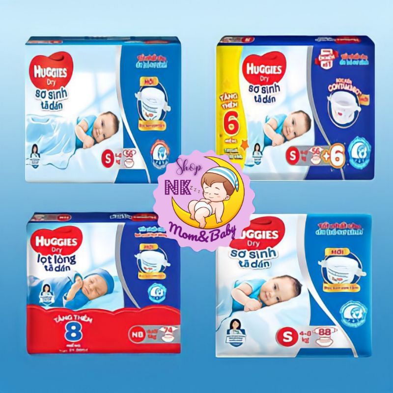 (Bọc kén còn tằm) Tã dán sơ sinh Huggies S56, NB74,S88 mới