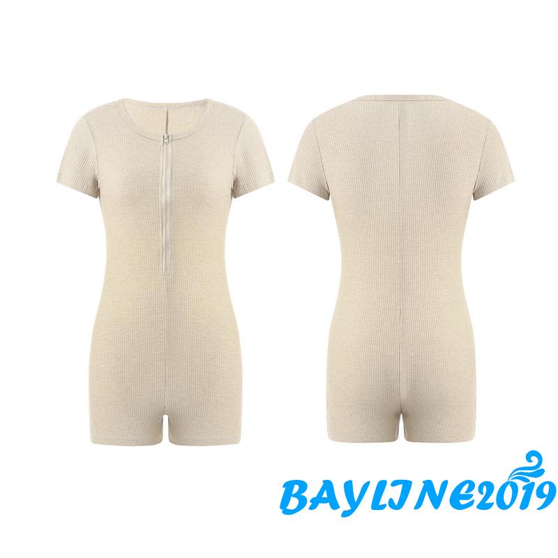 Bộ Áo Liền Quần Dệt Kim Tay Ngắn Cổ Chữ V Phối Khóa Kéo Thời Trang Cho Nữ