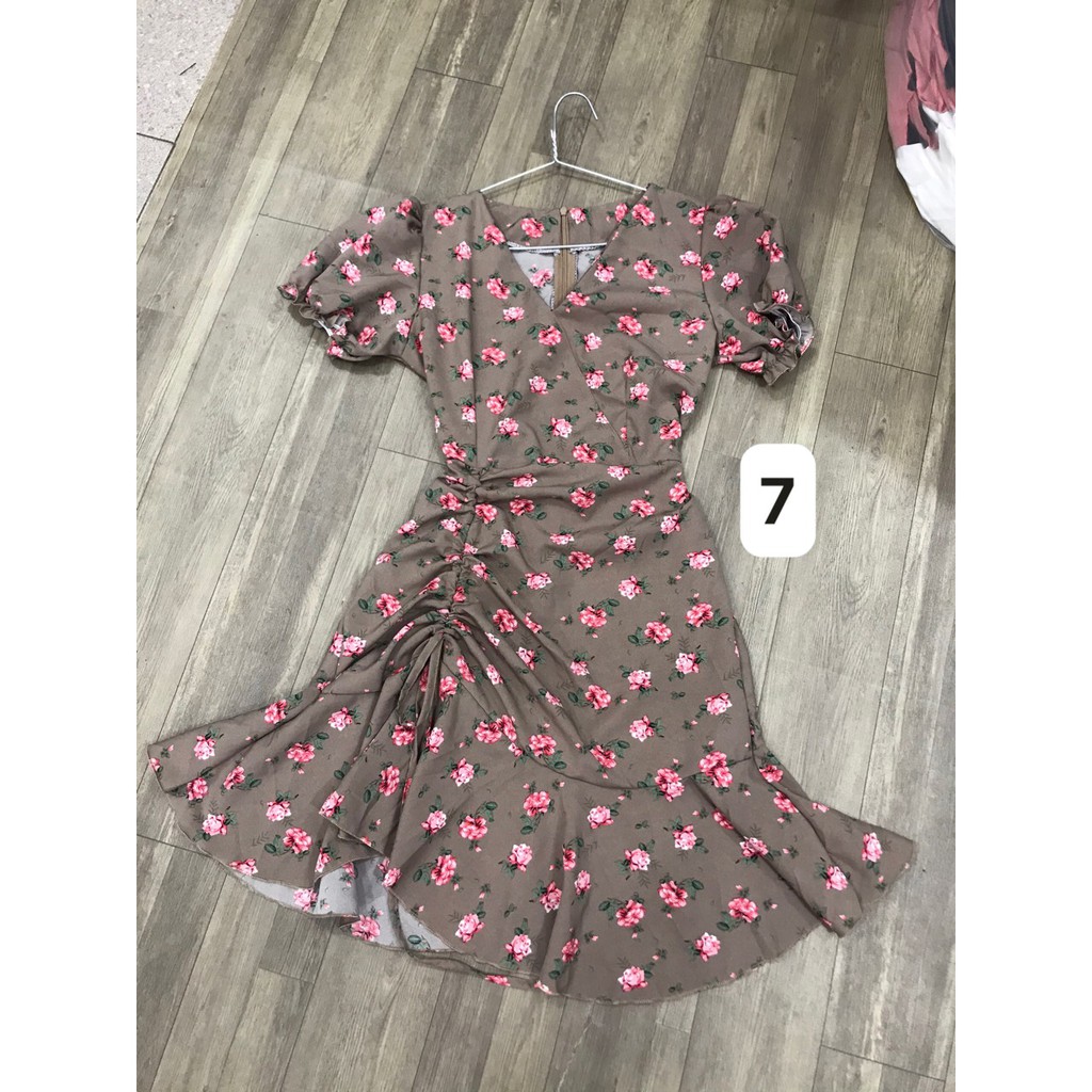 Đầm hoa tay ngắn cổ tim rút dây hông + Ảnh thật