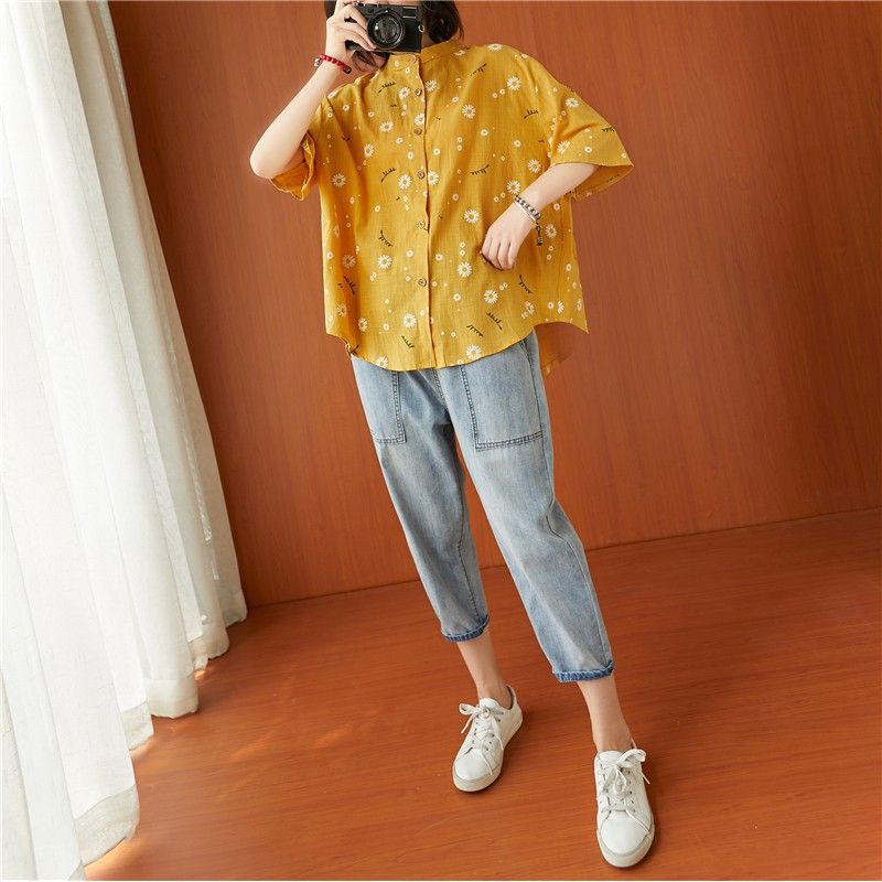 [ORDER] -Có ảnh thật) Áo sơ mi nữ bigsize chất vải thô đũi họa tiết hoa cúc xinh xắn (fit đến 90kg) - Có ảnh thật