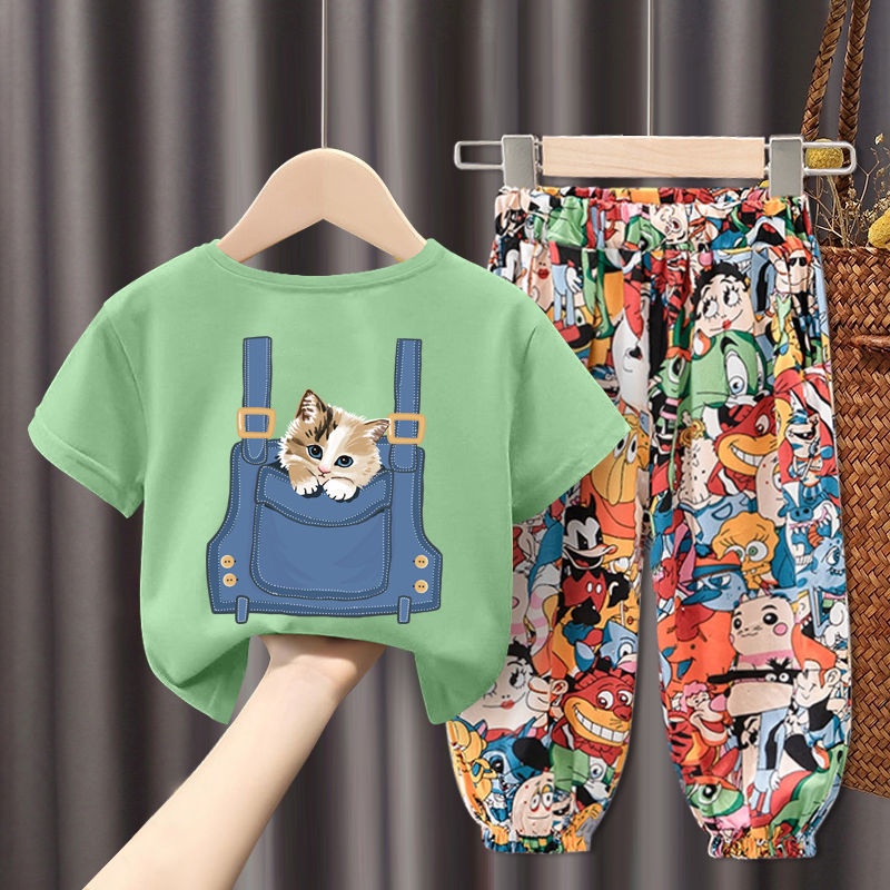 Bộ Áo Thun Cotton Ngắn Tay In Hoạt Hình + Quần Bó Thời Trang Mùa Hè Cho Bé