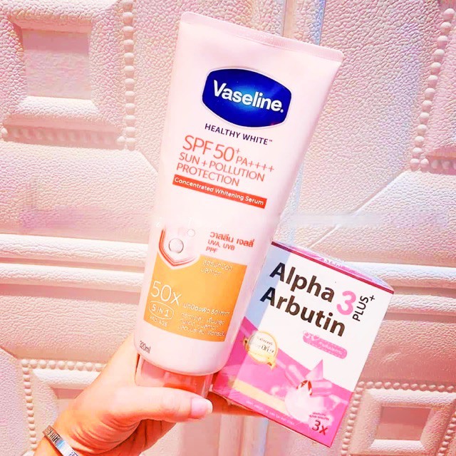 Sale - Combo dưỡng trắng da Vaseline 50X 320ml và viên kích trắng Alpha Arbutin (Vỹ 10 viên) sản phẩm y hình