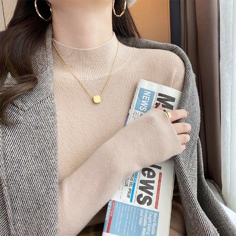 Áo sweater nữ tay dài cổ cao màu xám/trắng/đen/vàng phong cách Hàn Quốc dễ phối | BigBuy360 - bigbuy360.vn