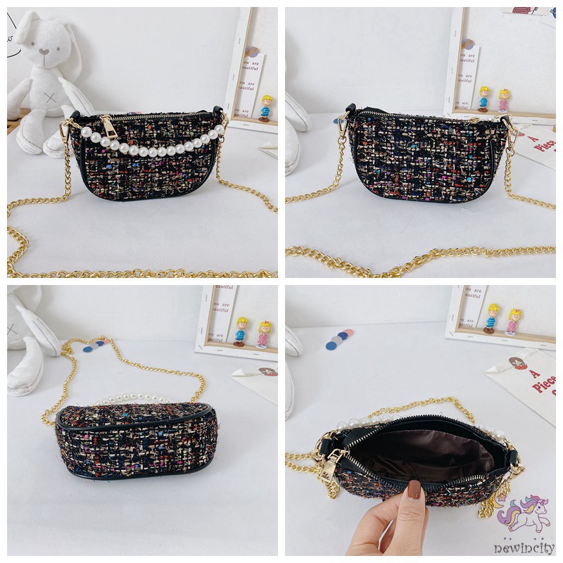 Túi xách đeo vai phối chuỗi hạt ngọc trai thời trang Hàn Quốc cho bé gái