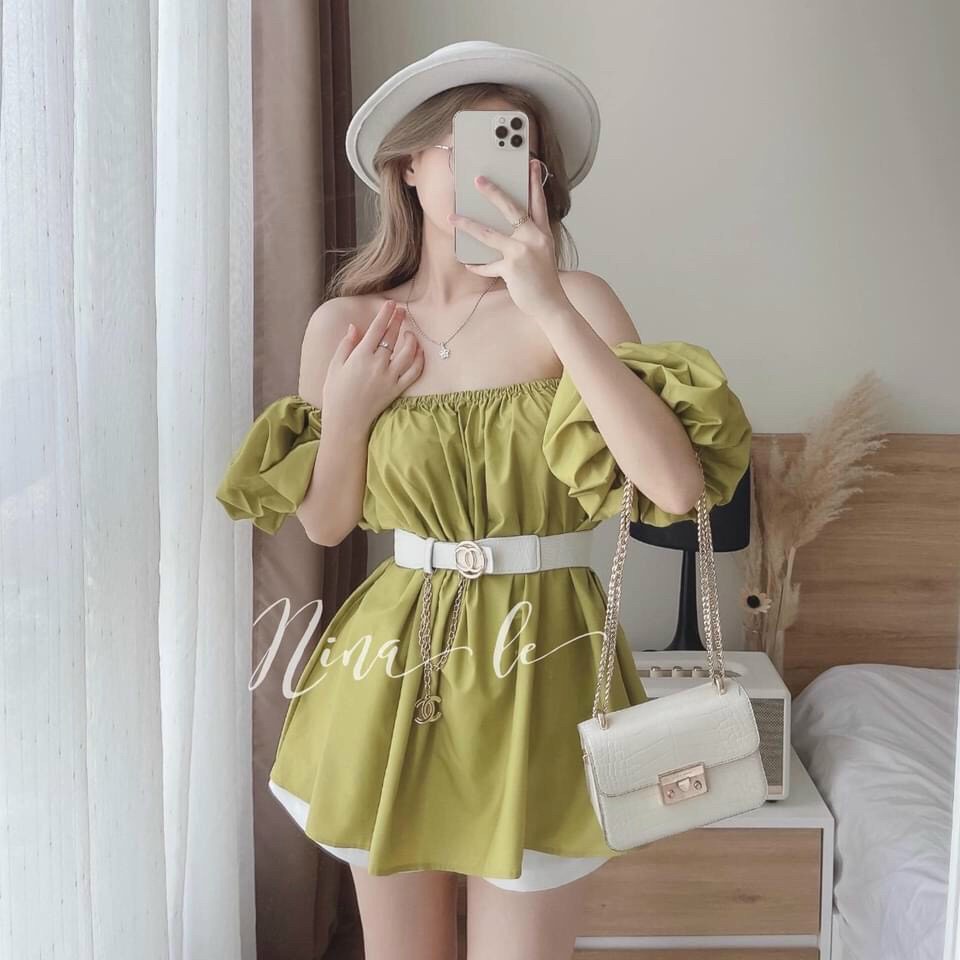 Set áo trễ vai nữ tay bồng kèm quần short trắng, set đùi bèo nhiều màu sắc tiểu thư đi chơi, đi biển dễ thương