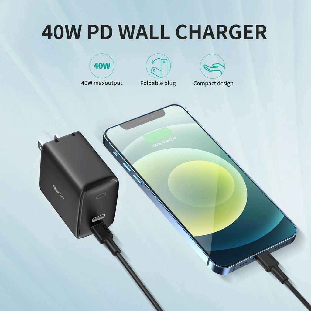 Củ sạc Nhanh AUKEY PA-R2S đôi PD 20W+20W Omnia™ Gan Type C Cho iPhone 14 13 12 11 X 8