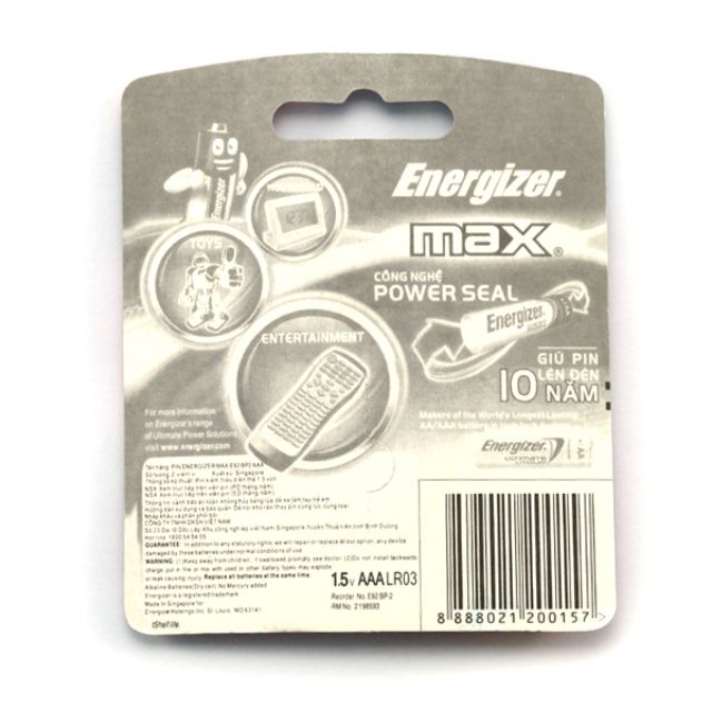 Vỉ 2 Viên Pin AAA ENERGIZER MAX Chính Hãng