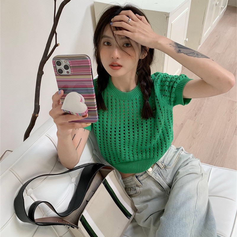 Áo Sweater Dệt Kim Dáng Rộng Thời Trang Mùa Hè Hàn Quốc Cho Nữ