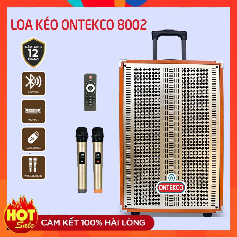 [ GIAO HỎA TỐC ]Loa kéo di động Ontekco 8002 Tặng kèm 2 mic hát karaoke không dây cao cấp - Mặt lưới kim loại siêu bền