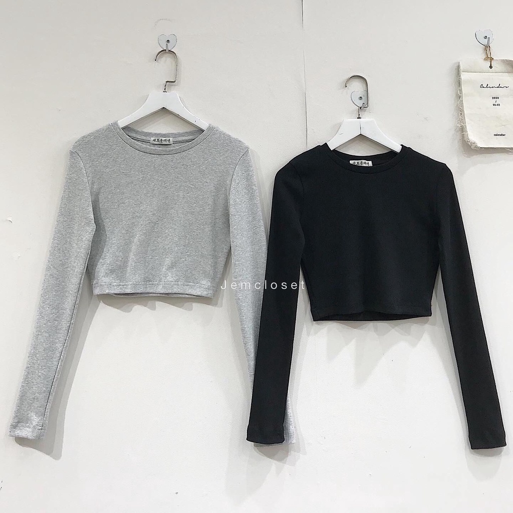 Áo Croptop Nữ Trơn Dài Tay Croptop Nữ Cổ Tròn Ulzzang Hàn Quốc Chất Dày Dặn Ôm Dáng Màu Đen Màu Xám DOOKI 1895