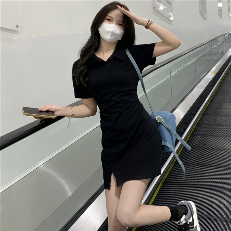 Đầm Xiaozhainv cổ polo màu đen dáng ôm trẻ trung quyến rũ dành thời trang cho nữ