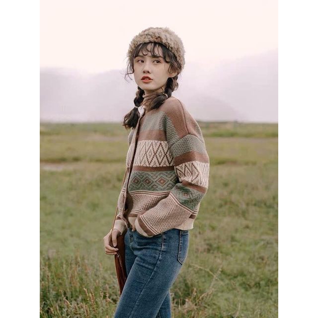 ÁO CADIGAN LEN BOHO HỌA TIẾT MÀU NÂU TÂY RETRO