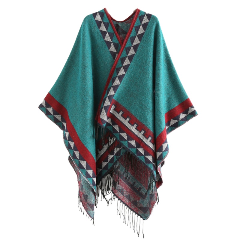 Khăn Choàng Poncho Tua Rua Họa Tiết Hình Học Nhiều Màu Sắc Phong Cách Vintage Dành Cho Nữ