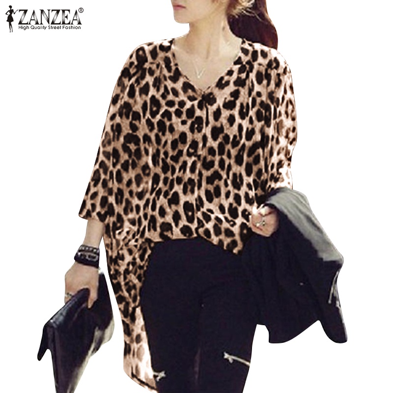 Áo sơ mi nữ Zanzea cổ chữ V tay dài họa tiết da báo thời trang