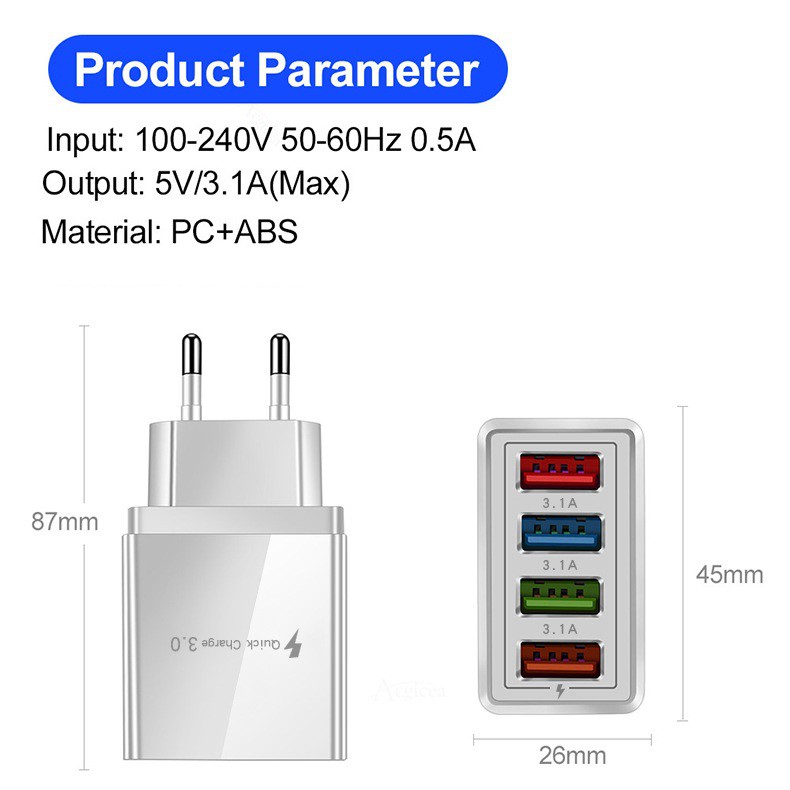 Củ Sạc Nhanh 4 Cổng 3.1A Quick Charge 3.0 KeKe - F16B