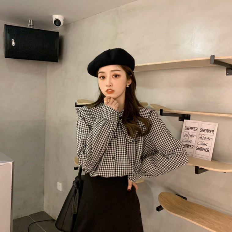 Áo sơ mi cổ búp bê kẻ sọc thời trang retro cho nữ