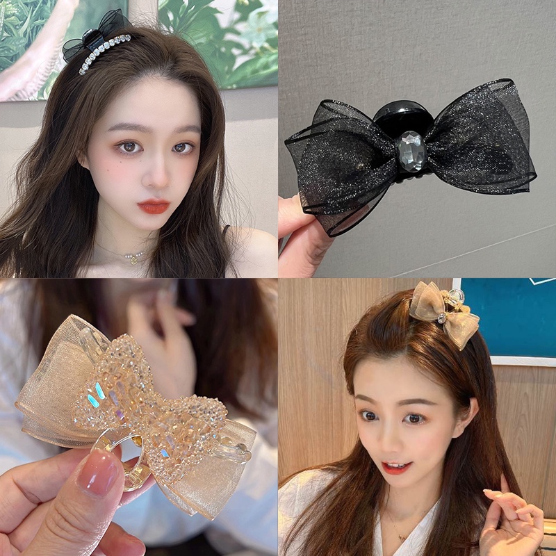 Kẹp Tóc Nơ Đính Đá Hai Mặt Bằng Lưới Xinh Xắn Thời Trang