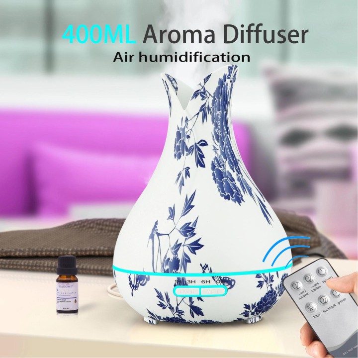 (A02-400ml) Máy khuếch tán tinh dầu Aroma – Kiểu dáng Bình hoa gốm sứ – Chế độ Led 7 màu – Bảo hành 1 năm