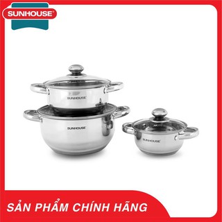 Bộ nồi inox 3 đáy sunhouse sh334- bộ nồi đáy từ - inox sus201