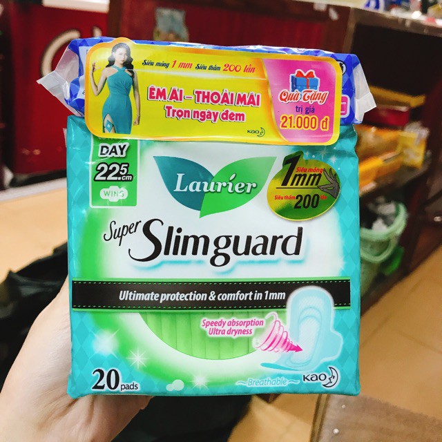 BĂNG VỆ SINH LAURIER SUPER SLIMGUARD DAY 22.5CM 20 MIẾNG TẶNG 4 MIẾNG BVS BAN ĐÊM