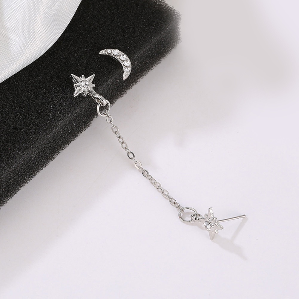 Classic  Personality Temperament Moon Star Rhinestone Chain Earrings Geometric Tassel Stud Ear Clip Jewelry