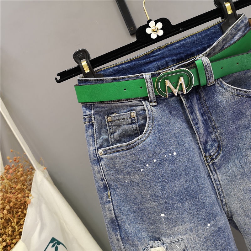 Quần Denim Dài Đến Mắt Cá Chân Dáng Rộng Thêu Họa Tiết Sơn Xịt Co Giãn