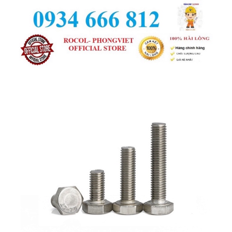 Set 10c Bulong lục giác ngoài inox 201 M8,M8x16,M8X20,M8X30, M8X40, M8X50,M8X60