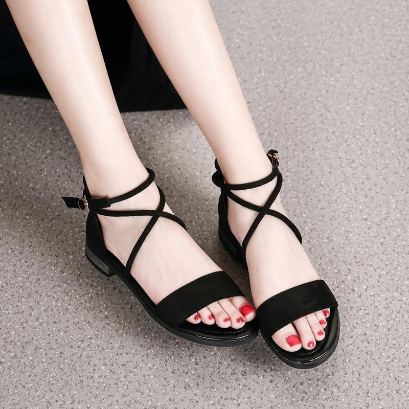 Dép sandal nữ đi học đế bệt quai ngang, quai hậu nữ phong cách harajuku dây chéo móc khóa mới thêm viền chỉ cho đế chắc