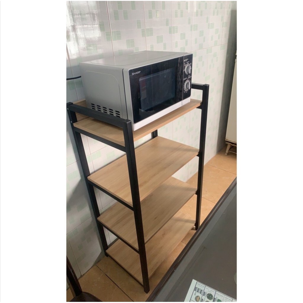 Kệ lò vi sóng 4 tầng. Kích thươc 110 x 60 x 40cm. Khung sắt sơn tĩnh điện. Ván gỗ MDF phủ melatium chống thấm cao cấp.