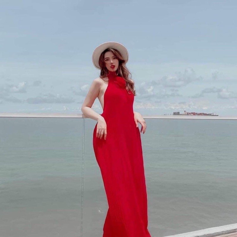 [HÌNH THẬT LÀ HÌNH CUỐI] Maxi voan dài dập ly 3 màu kiểu hở lưng có mút ngực cổ đính hoa siêu xinh