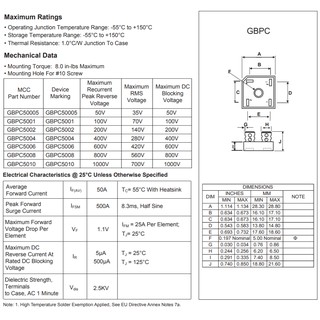 Diode cầu 50A 1000V  GBPC5010-BP MCC