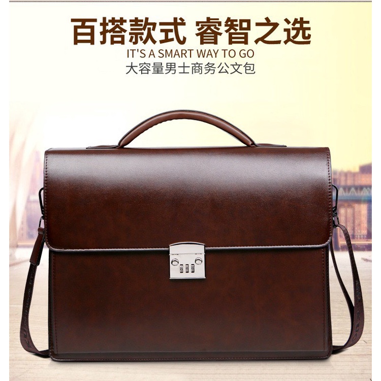 Túi xách cặp da bò công sở T23 khóa số 39x30x10cm đựng laptop 14inch (Nâu-Đen) | BigBuy360 - bigbuy360.vn